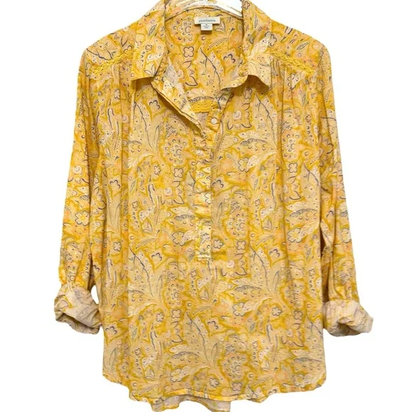 SUNDANCE POPPY BLOOM YELLOW BLUE FLORAL OVERSIZED TUNIC TOP SHIRT SZ M - Picture 4 of 5